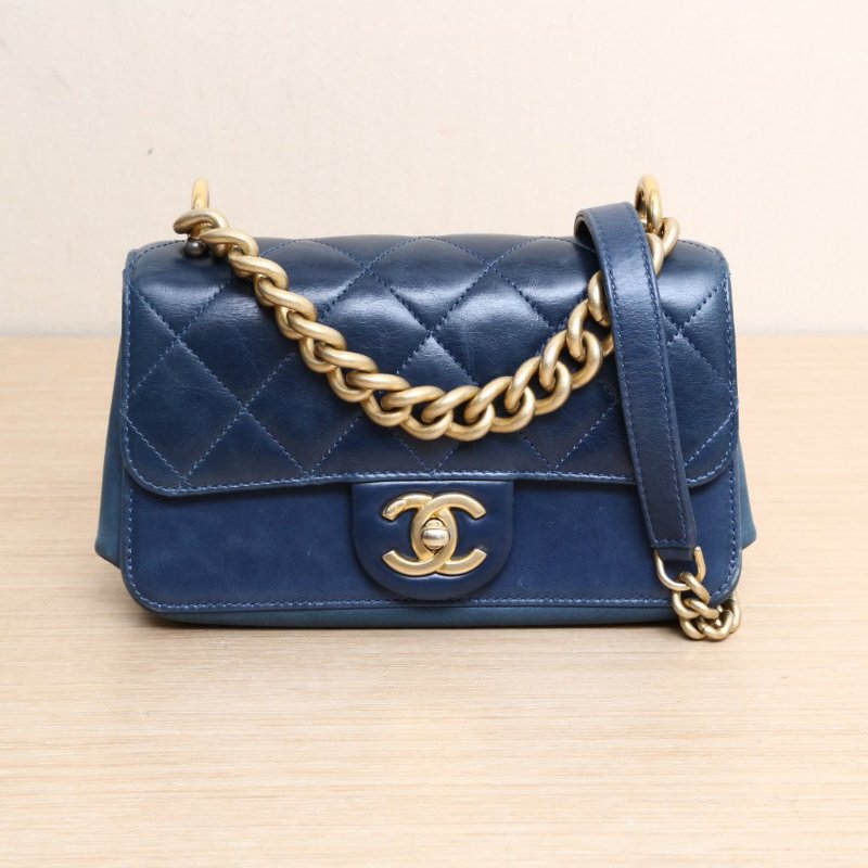 CHANEL 大都會風琴包小號20藍色牛皮26開金扣鏈條手柄肩背包-1