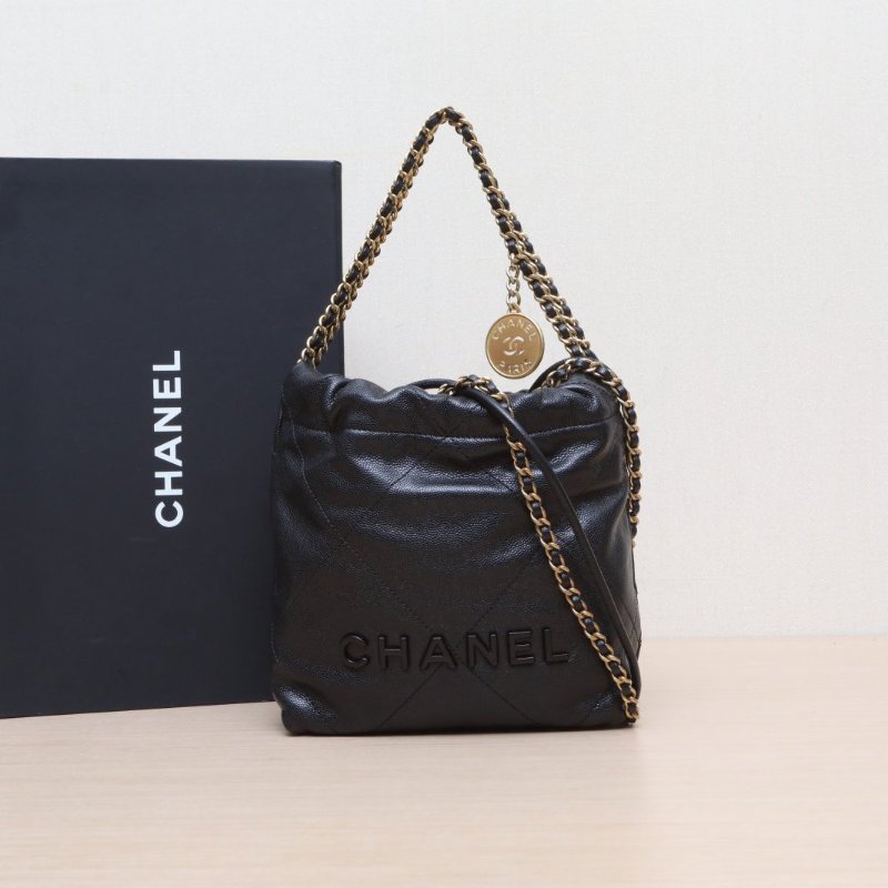 CHANEL 22BagTote托特包Mini20黑色荔枝牛皮晶片開肩背包-0