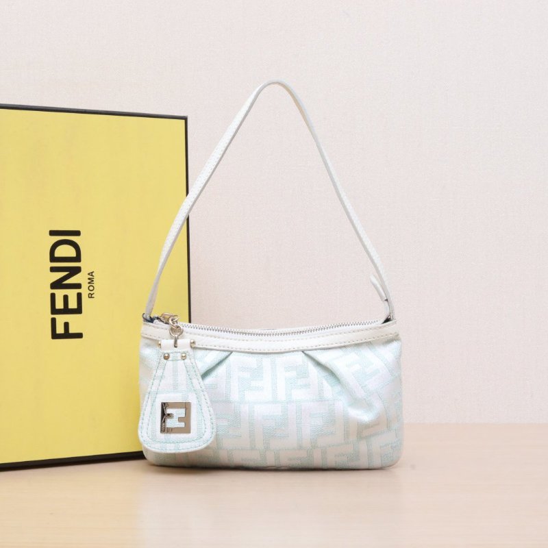 FENDI 白色帆布銀扣FF印花腋下包肩背包-0