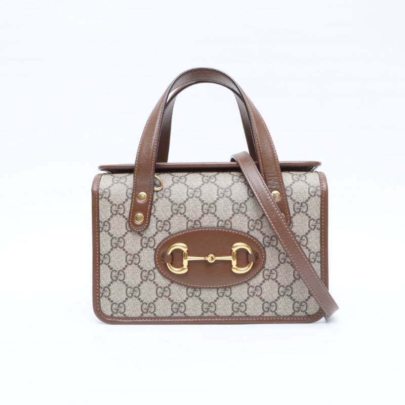 GUCCI 老花PVC金扣馬銜扣1955手提斜挎盒子包肩帶款肩背包-1