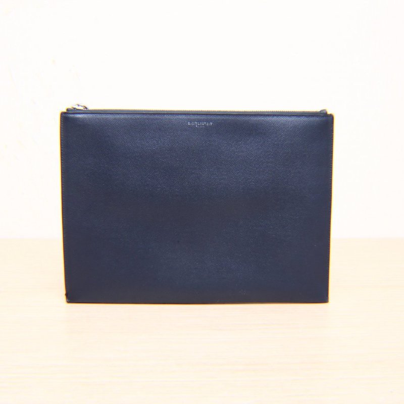 SAINT LAURENT 墨藍色荔枝牛皮手拿包肩背包-1