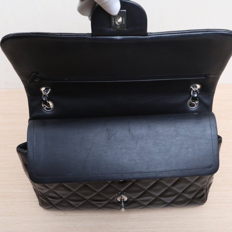 CHANEL CF口蓋包JUMBO30黑色漆皮18開銀扣肩背包-2