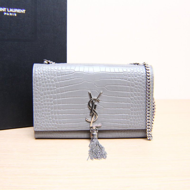 SAINT LAURENT KATEWoc鱷魚壓紋流蘇灰色牛皮銀扣肩背包-0