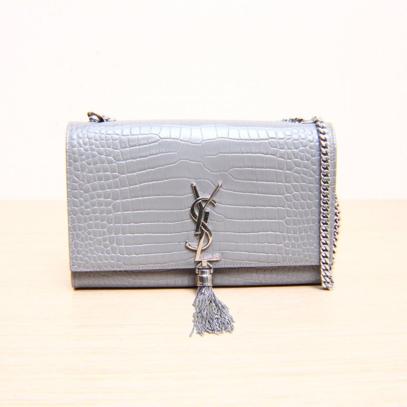SAINT LAURENT KATEWoc鱷魚壓紋流蘇灰色牛皮銀扣肩背包-1