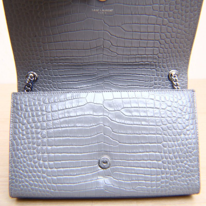 SAINT LAURENT KATEWoc鱷魚壓紋流蘇灰色牛皮銀扣肩背包-2