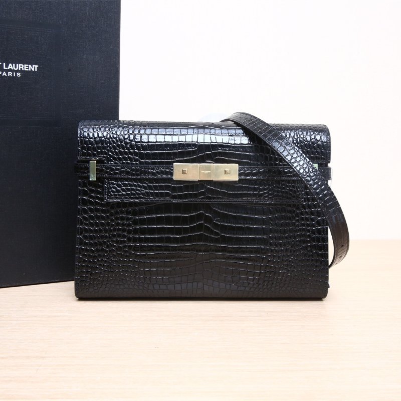 SAINT LAURENT MANHATTAN曼哈頓BOX中號29鱷魚壓紋黑色牛皮金扣肩背包-0