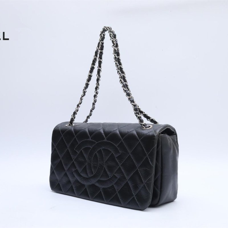 CHANEL 黑色牛皮14開銀扣大雙C翻蓋BOX肩背包-2