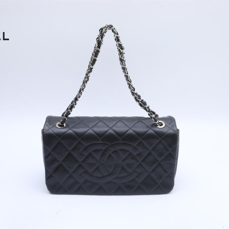 CHANEL 黑色牛皮14開銀扣大雙C翻蓋BOX肩背包-4