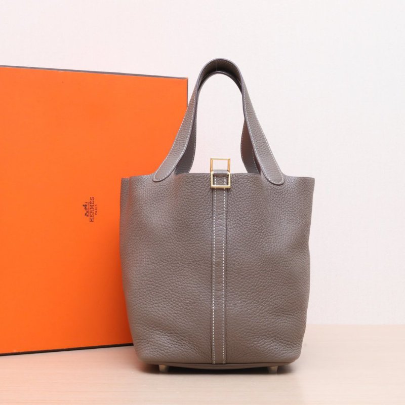 HERMES Picotin22菜籃子18大象灰TC皮D刻金扣肩背包-0