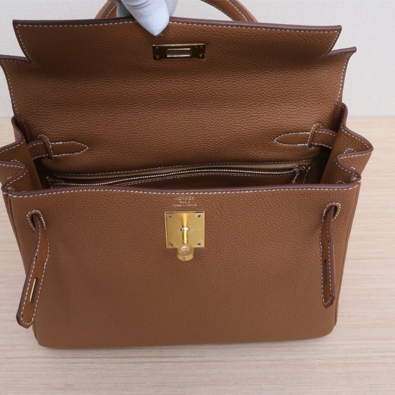 HERMES Kelly2837金棕色Togo皮W刻金扣肩背包-3