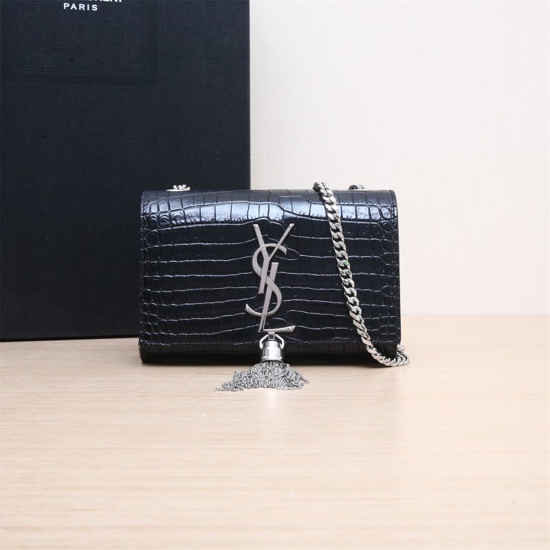 SAINT LAURENT KATE鱷魚壓紋挎包MINI17黑色牛皮銀扣肩背包-0