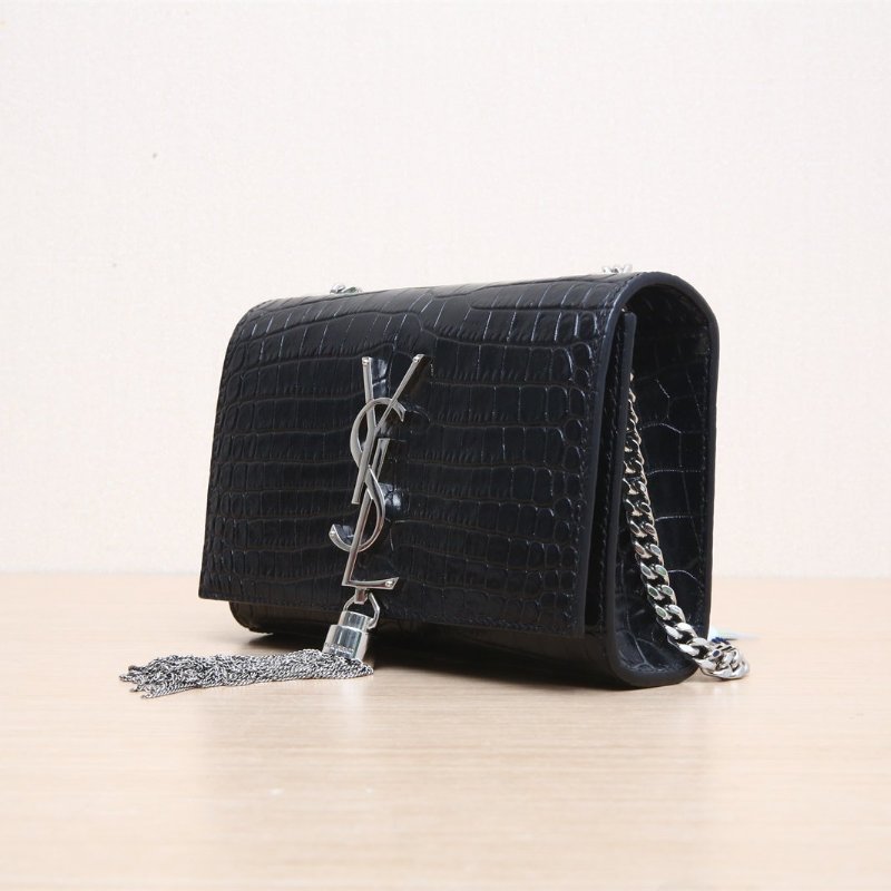 SAINT LAURENT KATE鱷魚壓紋挎包MINI17黑色牛皮銀扣肩背包-4