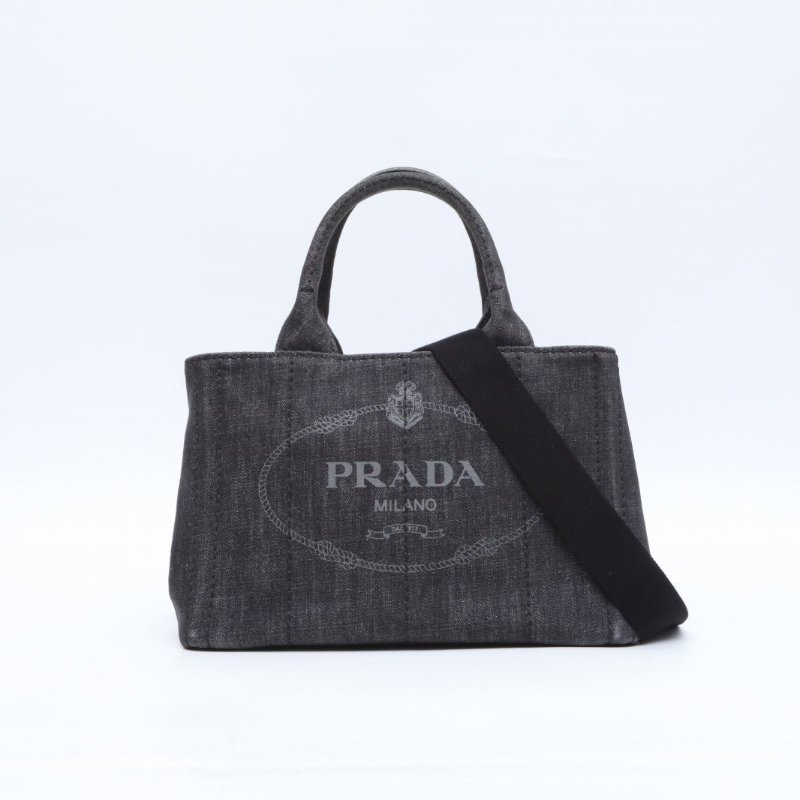 PRADA PRADA沙灘包復古印花小號黑色帆布肩背包-0