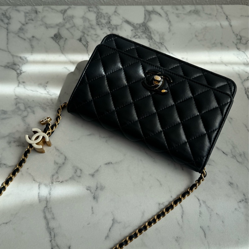 chanel黑色菱格珐瑯釦雙C調節釦woc-0