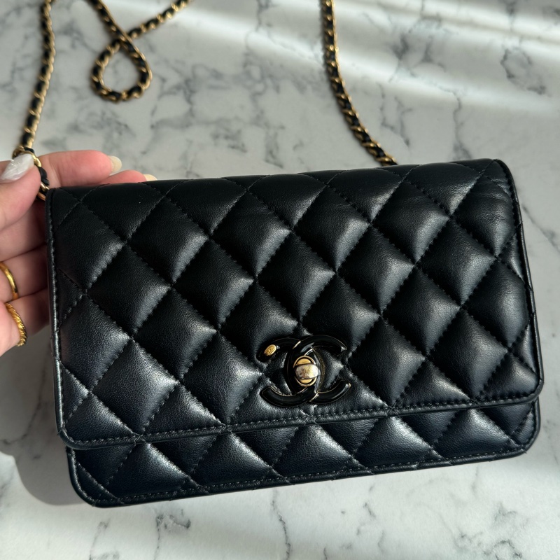 chanel黑色菱格珐瑯釦雙C調節釦woc-1