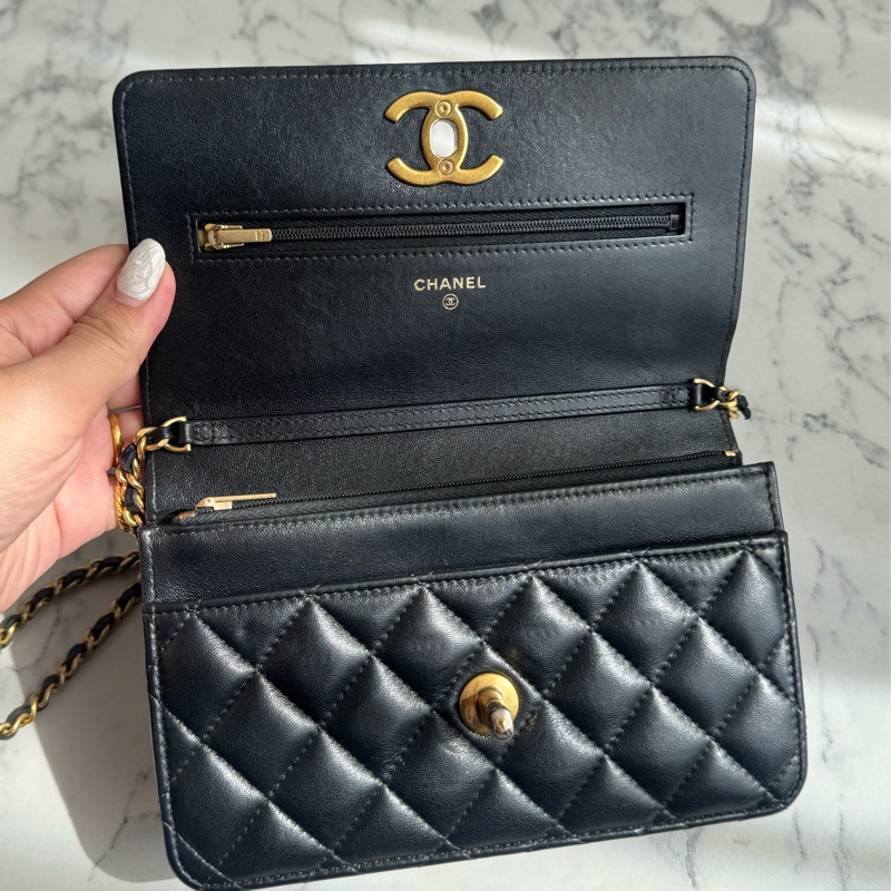 chanel黑色菱格珐瑯釦雙C調節釦woc-22