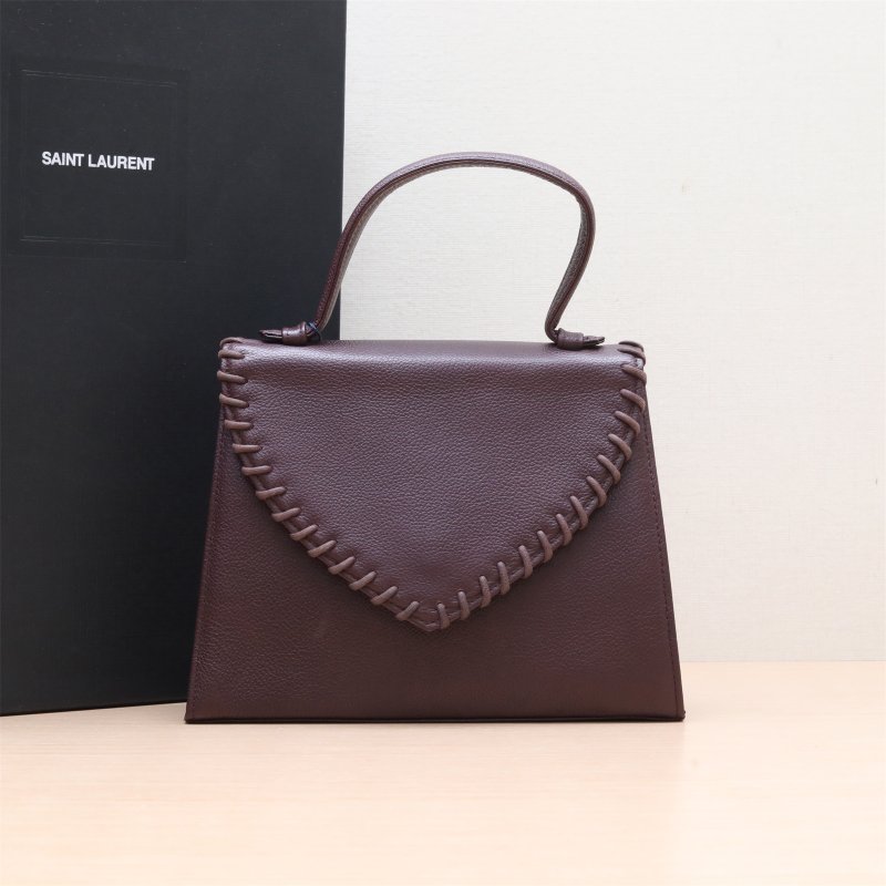 SAINT LAURENT 中古綁帶外縫線手提包酒紅色牛皮無肩背包-0