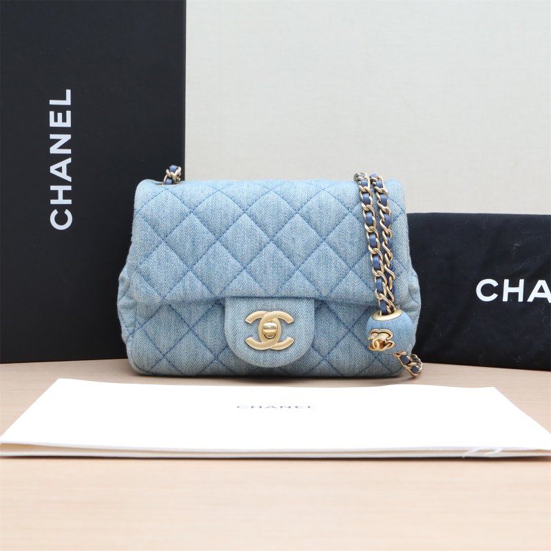 CHANEL 22CCF口蓋包方胖子17牛仔藍牛仔晶片開金扣金球調節扣肩帶肩背包-0