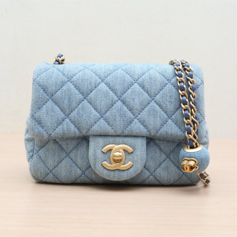 CHANEL 22CCF口蓋包方胖子17牛仔藍牛仔晶片開金扣金球調節扣肩帶肩背包-1
