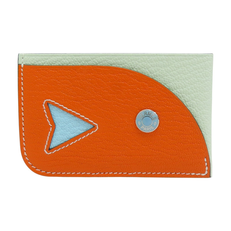 罌粟花橘色/海藍色 Mysore山羊皮 Poisson 名片夾 B刻 【HERMES 愛馬仕】-0