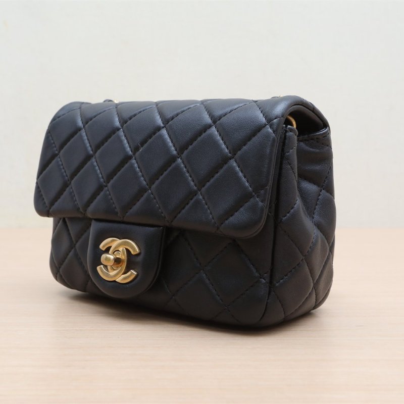 CHANEL CF口蓋包方胖子17黑色羊皮29開金扣金球調節扣肩帶肩背包-3