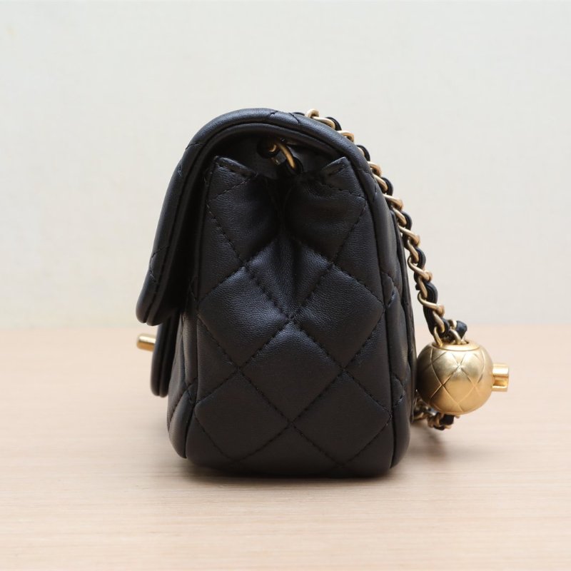 CHANEL CF口蓋包方胖子17黑色羊皮29開金扣金球調節扣肩帶肩背包-4