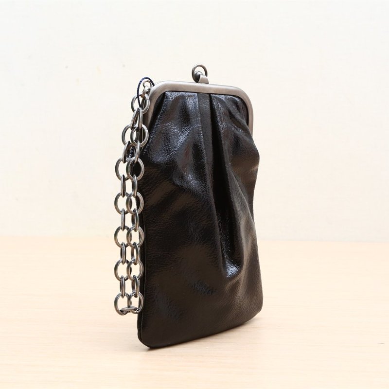 MARNI 蛙口木紋鑲嵌水鑽小手袋黑色漆皮鎢鋼扣肩背包-4