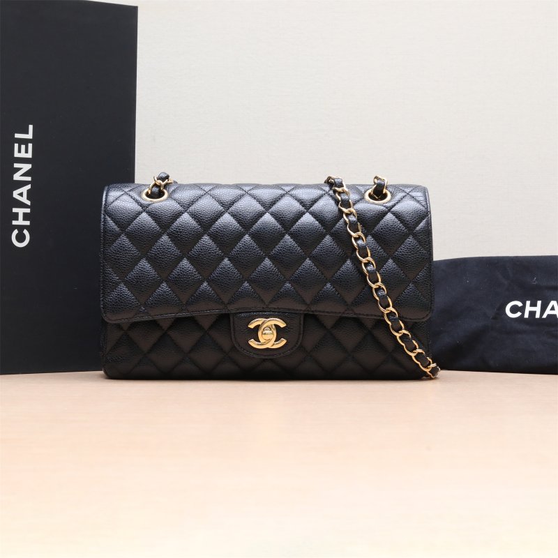 CHANEL CF口蓋包中號25.5黑色荔枝牛皮27開金扣肩背包-0