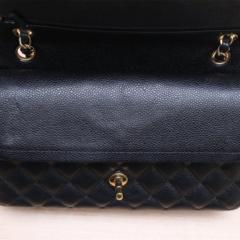 CHANEL CF口蓋包中號25.5黑色荔枝牛皮27開金扣肩背包-3