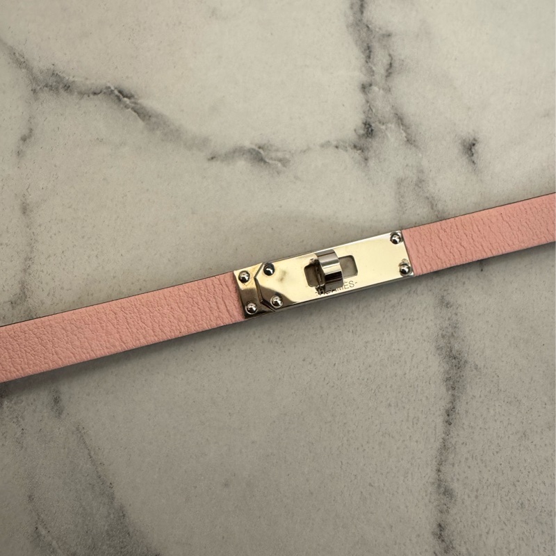 Hermes粉色銀釦皮革手環S號-2