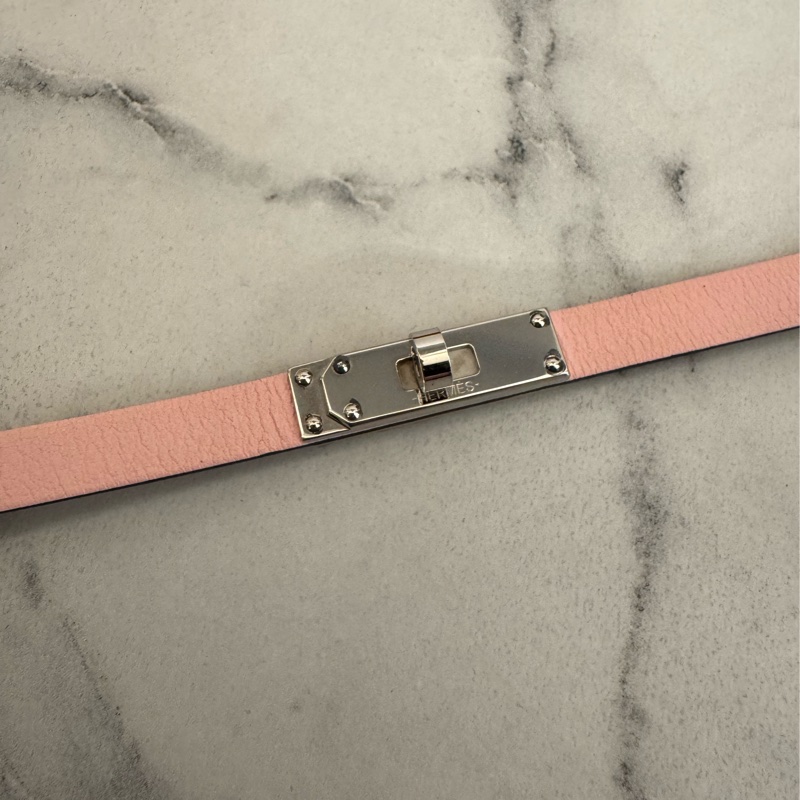 Hermes粉色銀釦皮革手環S號-3