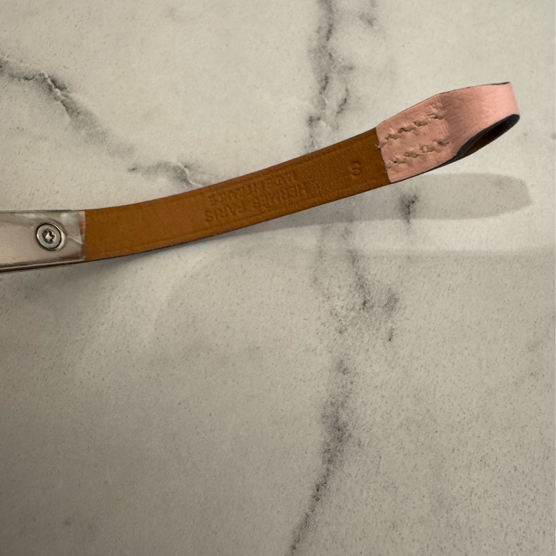 Hermes粉色銀釦皮革手環S號-7