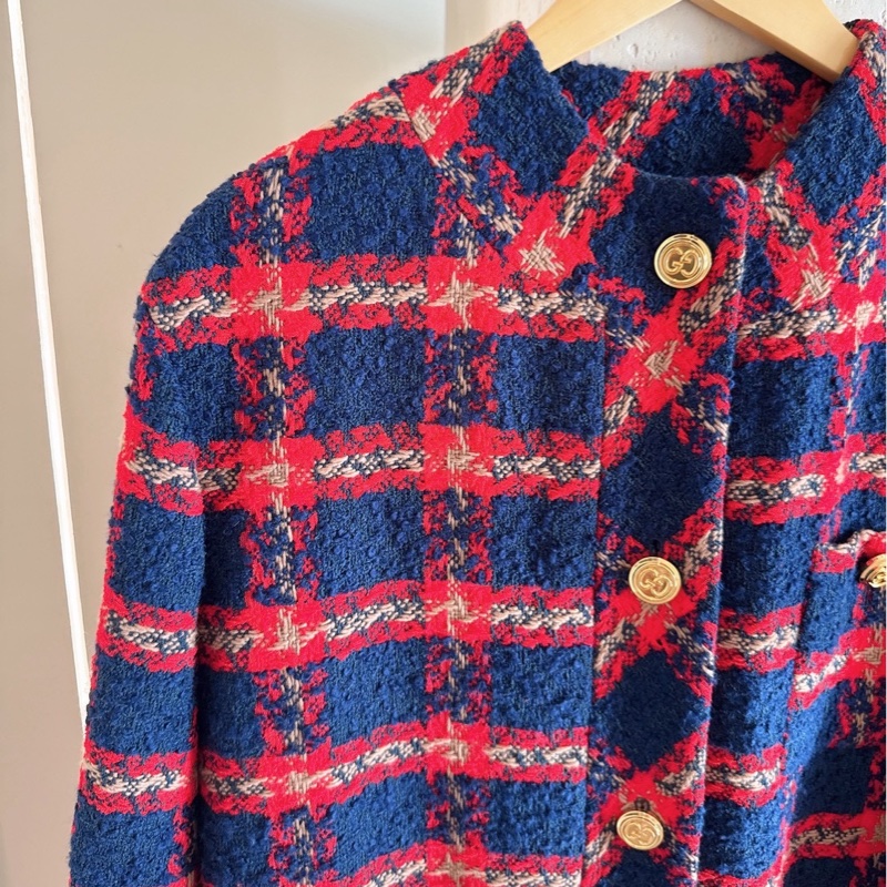 Gucci 紅藍格紋羊毛毛呢外套 38碼-1