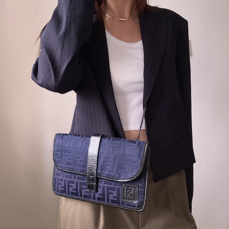 Fendi Zucchino 藍色帆布拼真皮手拿包 斜背包-0