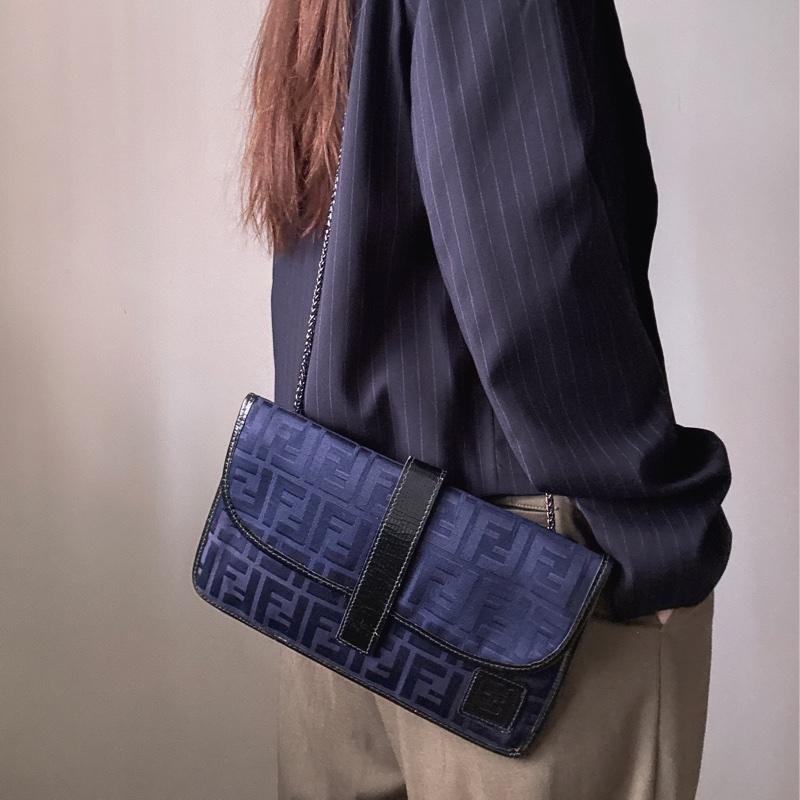 Fendi Zucchino 藍色帆布拼真皮手拿包 斜背包-2