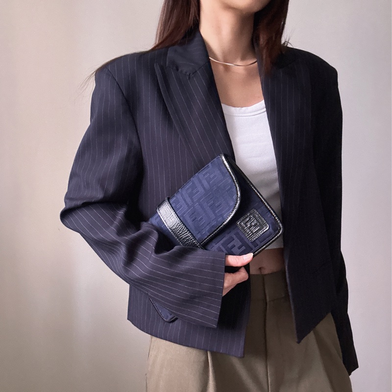 Fendi Zucchino 藍色帆布拼真皮手拿包 斜背包-3