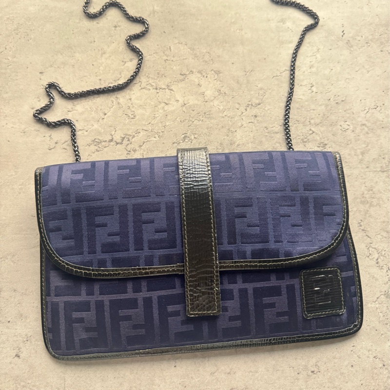 Fendi Zucchino 藍色帆布拼真皮手拿包 斜背包-4