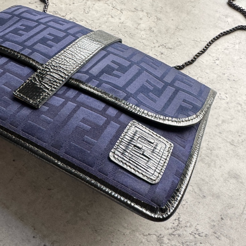 Fendi Zucchino 藍色帆布拼真皮手拿包 斜背包-5