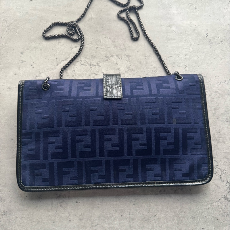 Fendi Zucchino 藍色帆布拼真皮手拿包 斜背包-7