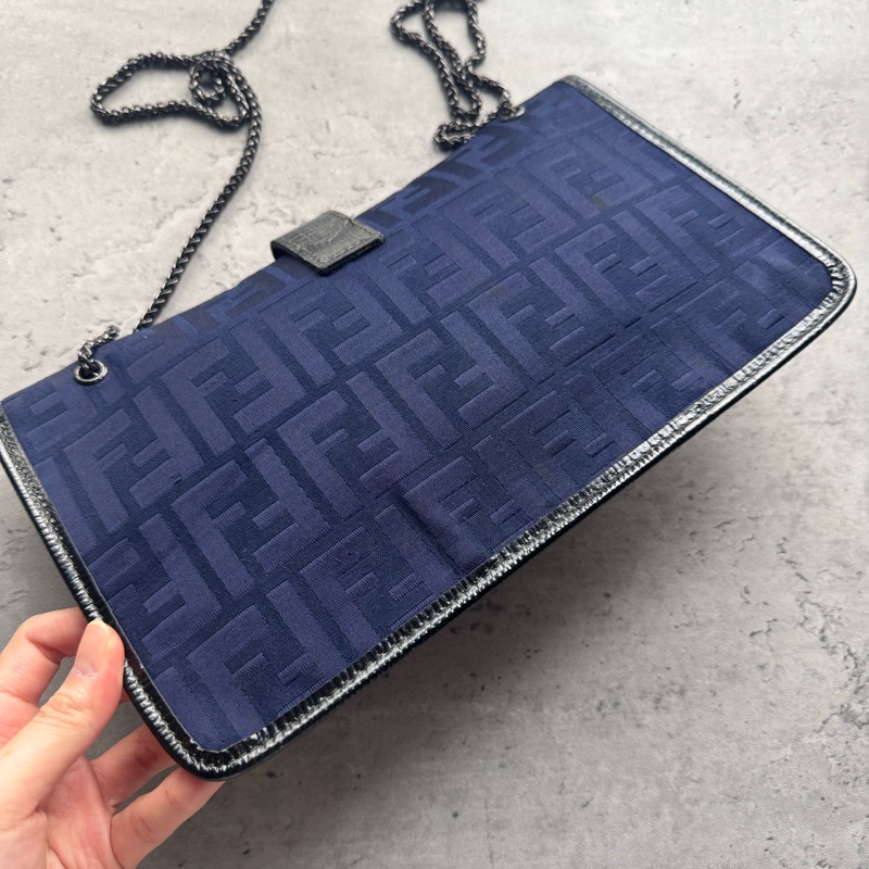 Fendi Zucchino 藍色帆布拼真皮手拿包 斜背包-8