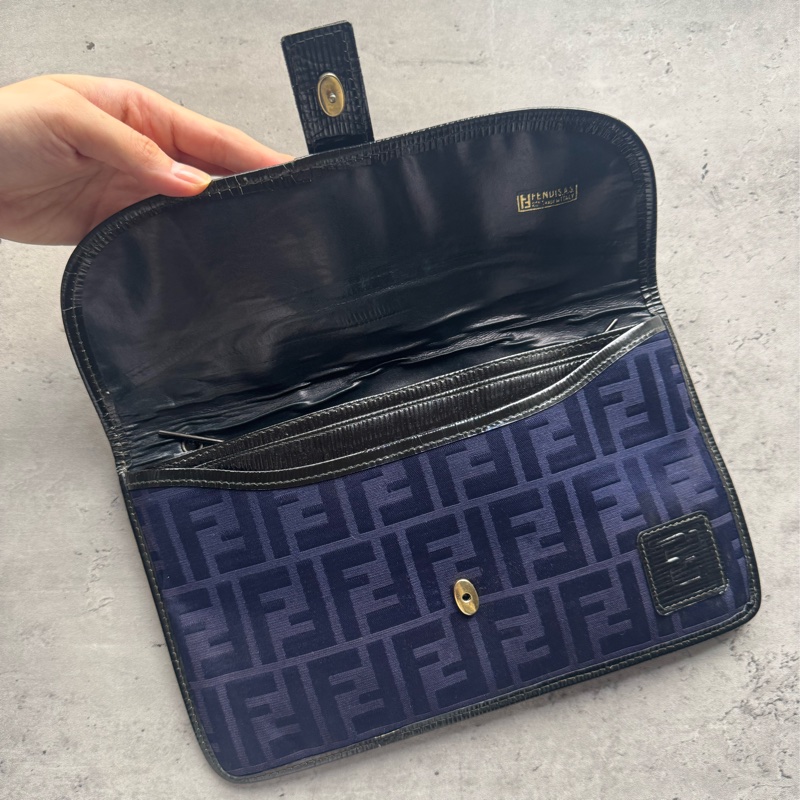 Fendi Zucchino 藍色帆布拼真皮手拿包 斜背包-9