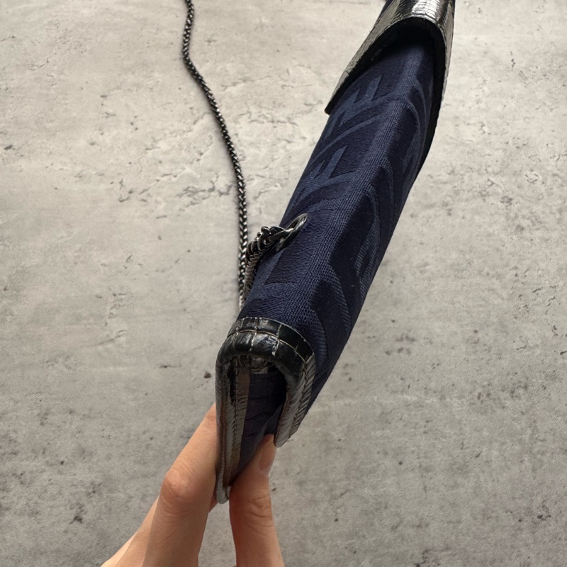 Fendi Zucchino 藍色帆布拼真皮手拿包 斜背包-10