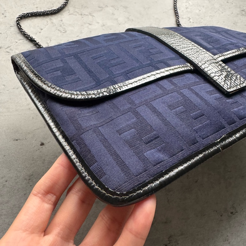 Fendi Zucchino 藍色帆布拼真皮手拿包 斜背包-13