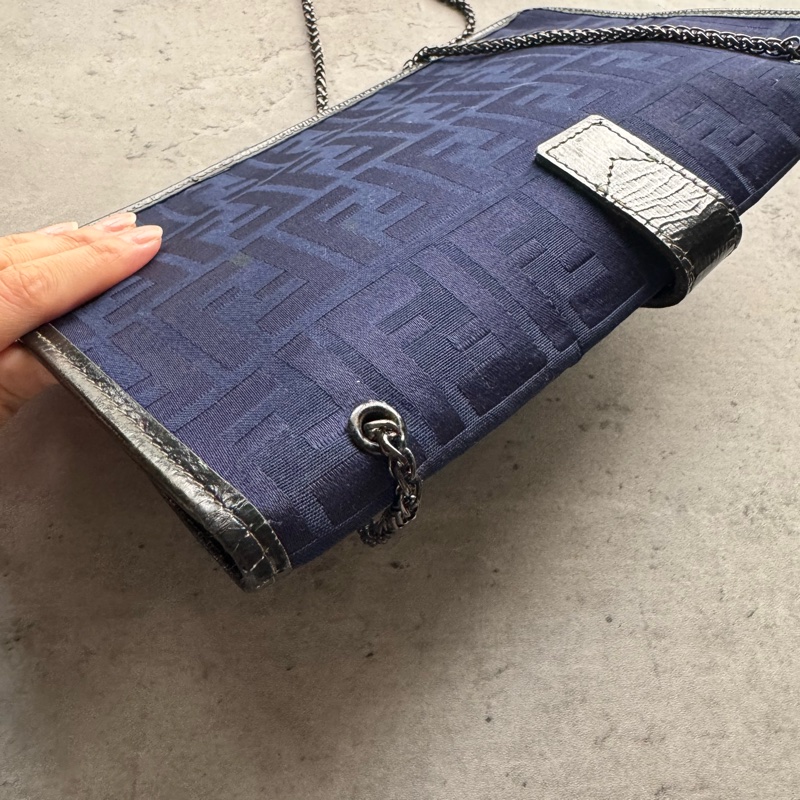 Fendi Zucchino 藍色帆布拼真皮手拿包 斜背包-15