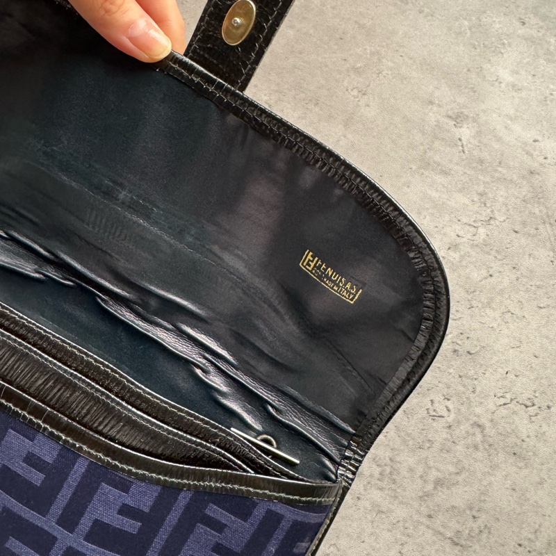 Fendi Zucchino 藍色帆布拼真皮手拿包 斜背包-17