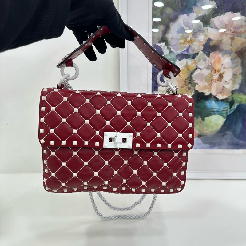 VALENTINO/華倫天奴 Rockstud Spike 紅色白色磨砂扣 皮革鉚釘裝飾手袋鏈條包 尺寸：23*6.5*15cm-7