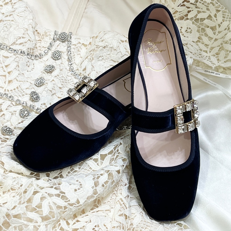 Roger vivier 藍色絨布鑽釦娃娃平底鞋-0