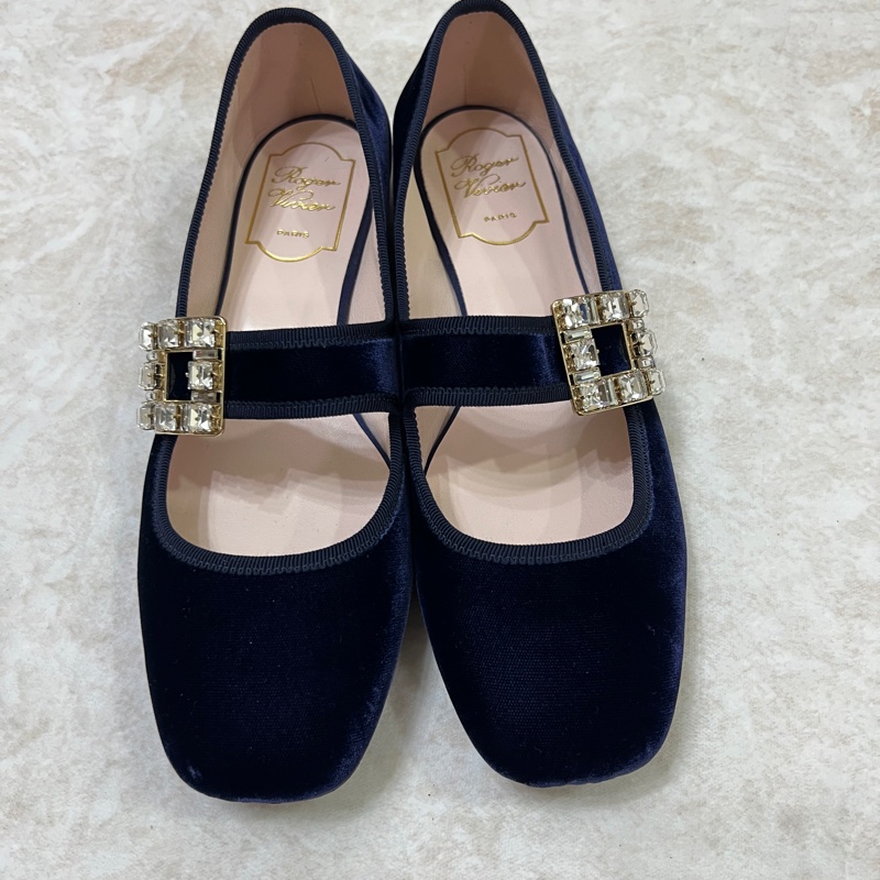 Roger vivier 藍色絨布鑽釦娃娃平底鞋-2