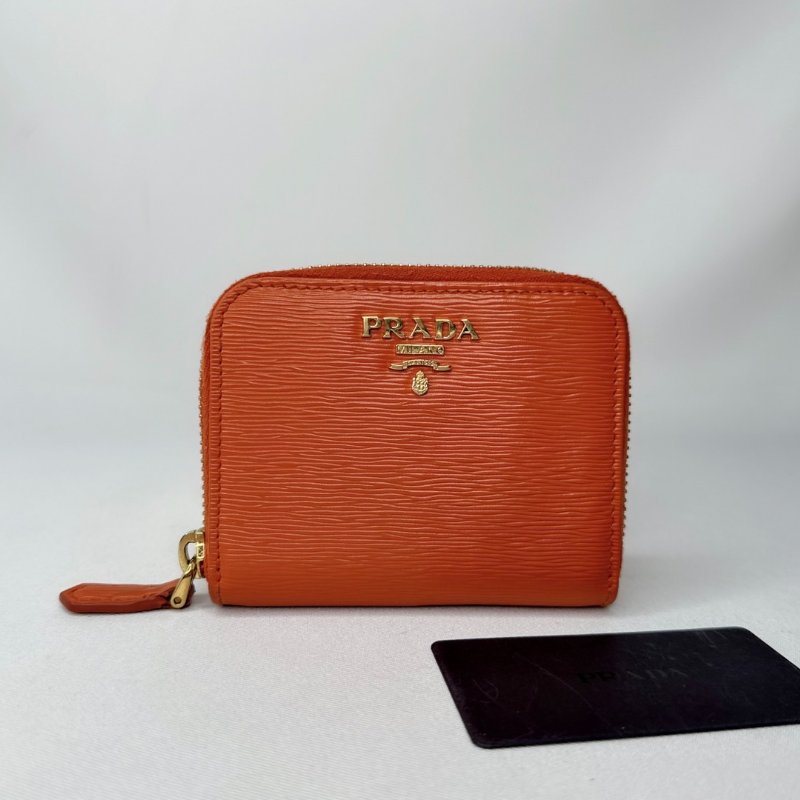 PRADA 橘紅拉鍊零錢卡包-0