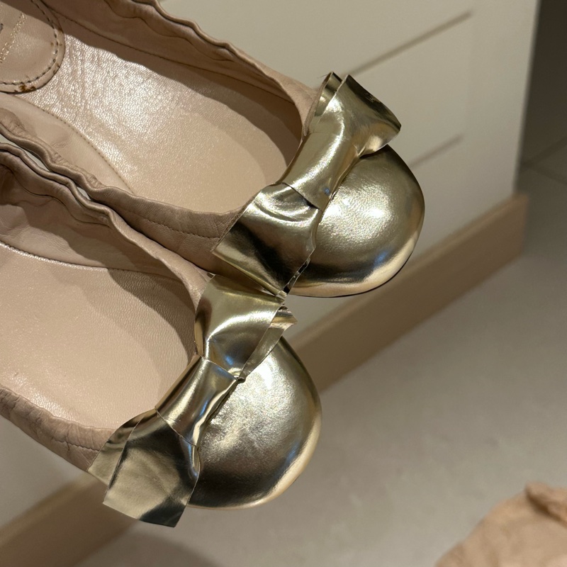 全新✨美國專櫃購入Prada裸粉金色撞色蝴蝶結🎀娃娃鞋 一眼心動 超級顯高級娃娃鞋 37-15